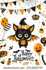 Cute children Halloween postcard with bat, pumpkins and candies. White background.