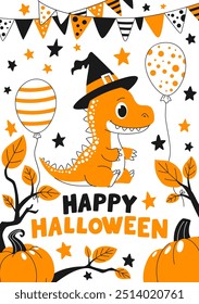 Tarjeta postal linda de Halloween de los niños con el dinosaurio, las calabazas y los globos. Colores negro, naranja, blanco.