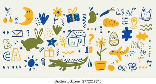 Cute children hand-drawn doodle set. Vector illustration featuring playful animals, educational elements, toys, nature, and abstract shapes. Childish crayon drawing for kids nursery design elements.