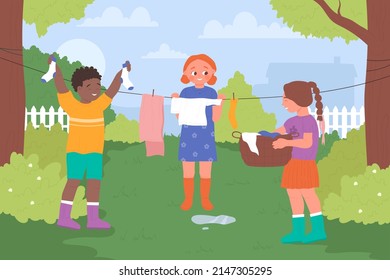 Cute children hang clothes to dry on clothesline in green summer garden vector illustration. Cartoon girls and boy holding wet socks and basket, kids help mother background. Laundry, chores concept