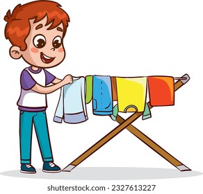 cute children hanging laundry.boy hanging clean washed clothes to dry