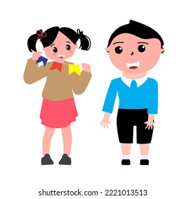 Süße Kinder glücklich. minimale Vektorgrafik im flachen Design. Kinder mit Rucksäcken. Eine Reihe von Vorschulkindern Kinder Jugendliche Figuren in verschiedenen Posen, Kleidung, tragen. Kinder gestalten Modelle. 