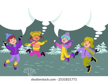 Cute children have fun on a walk in the park. Boys and girls in bright clothes. Greeting card template. Cheerful cartoon kids and a place for your text. Vector flat illustration.