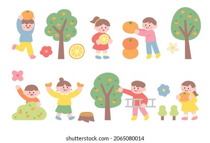 Cute children are having fun harvesting tangerines from tangerine trees. flat design style vector illustration.