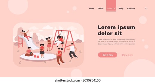 Cute Children Having Fun On Playground. Happy Boys And Girls On Swing, Slide, In Sandbox Flat Vector Illustration. Outdoor Activity, Childhood Concept For Banner, Website Design Or Landing Web Page