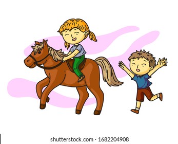 Cute children having fun together at countryside. Happy girl riding hours. Funny boy running after. Brother and sister entertainment in village during summer vacation. Livestock. Vector illustration
