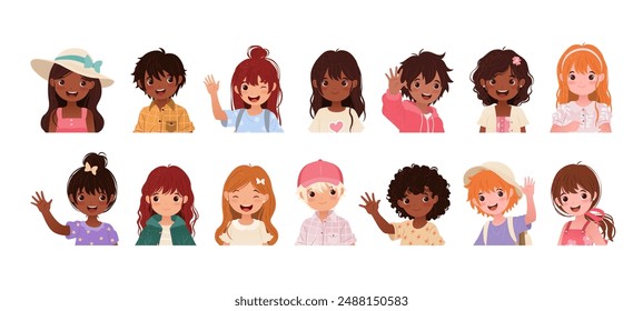 Cute Children Head Portrait Set. Funny boys and girls avatars in casual clothes. Preschool and school child characters of different nationalities. Isolated cartoon vector illustrations on white.