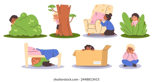 Cute children hiding behind bush, tree or furniture and peeping. Boys and girls playing hide and seek game outside and indoor vector illustrations set. Cartoon entertainment childhood activity