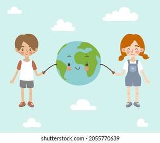 Cute children hold planet earth by hand and smile. Ecology poster about peace, friendship, love and care.