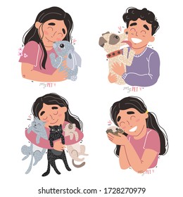 Cute children hold their pets in the arms. Set of clipart