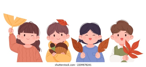 Cute children holding big autumn maple leaves and acorns. Autumn concept kids vector illustration.