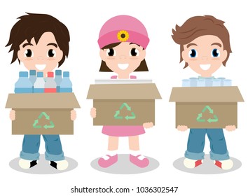 cute children holding boxes for recycle