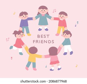 Cute children holding each other's hands and standing in a circle. flat design style vector illustration.