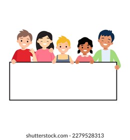 Cute children holding an empty board poster. Flat vector design