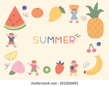 Cute children are holding fruits. Huge fruits are lined up on the edges and there is space for writing in the middle. hand drawing style cute vector illustration.