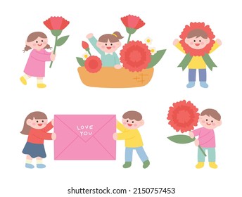 Cute children holding giant carnation flowers and giving a thank you message. flat design style vector illustration.