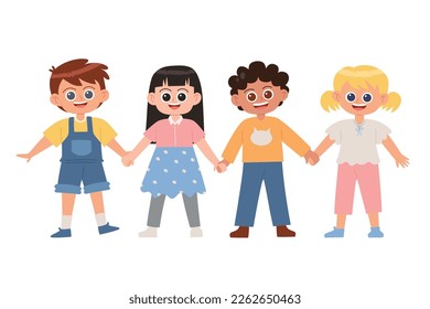 Cute children holding hands together cartoon vector