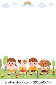 Cute children holding hands and walking through the flower garden. Blank cute background for kindergarten notice.