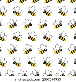 Cute children honey bees seamless pattern. Simple background with honey bees in different locations. White background.