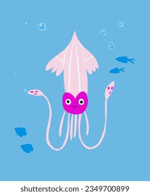 Cute children illustration of the octopus underwater, cute squid character with little fish around. Children's poster with underwater world.