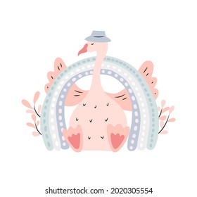 Cute children illustration with a rainbow and a goose in the Scandinavian style. Vector illustration on a white isolated background.