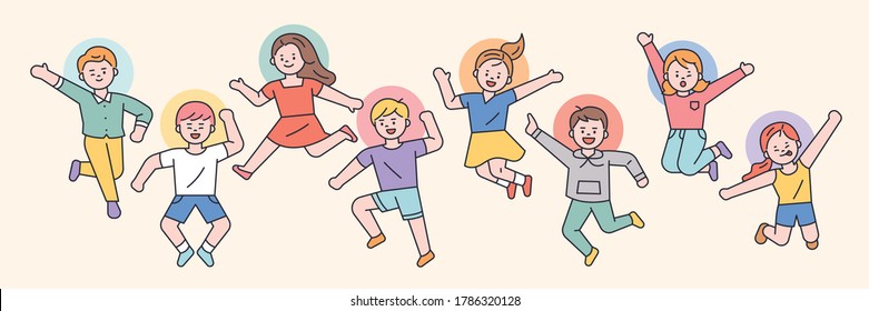 Cute children are jumping happily. flat design style minimal vector illustration.