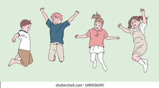 Cute children are jumping with joyful expressions. hand drawn style vector design illustrations. 