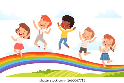Cute children are jumping on a rainbow against the background of spring fields. The concept of a happy childhood, friendship and joy. Bright kids poster