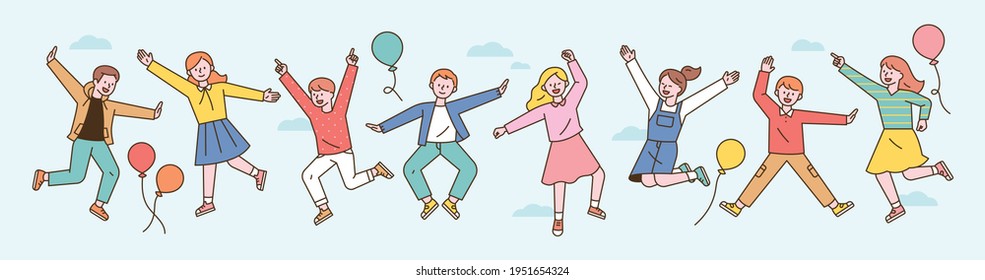 Cute children are jumping with their arms up in the sky. flat design style minimal vector illustration.