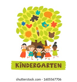 Cute children in the kindergarten. Vector illustration.