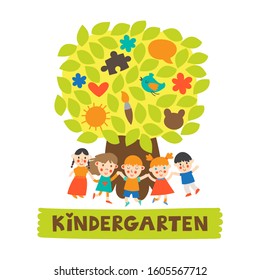 Cute children in the kindergarten. Vector illustration.