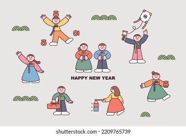 Cute children in Korean traditional clothes. A poster with traditional games and characters holding gifts. flat design style vector illustration.