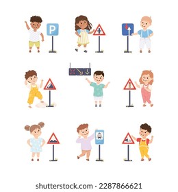 Cute Children Learning Rules of Road Engaged in Traffic Education Vector Set