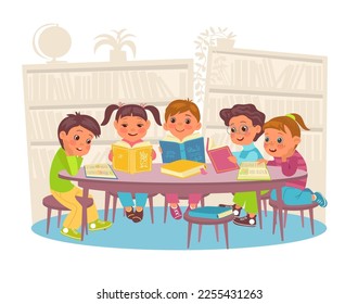 Cute children in library. Students sitting at table in reading room. Boys and girls with open books. Kids education. Elementary school classroom. Literature study