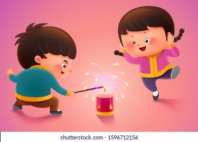 Cute children lighting firecrackers during holiday or new year