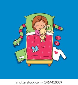 cute children little girl have a nice dreams with her toys in her bed. 100% vector file
