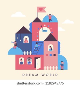 Cute Children Living In Dream World. Card Concept Flat Design Style Vector Graphic Illustration