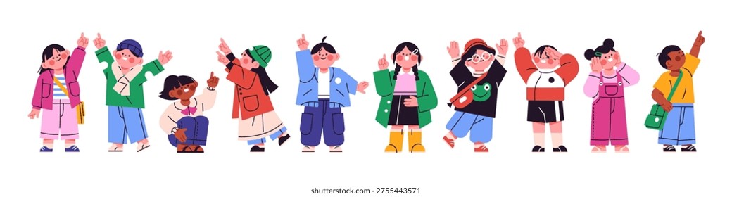 Cute children looking and pointing up set. Happy kids look and point at the sky with their finger. Little boys and girls raise hands and gesture. Flat isolated vector illustration on white background