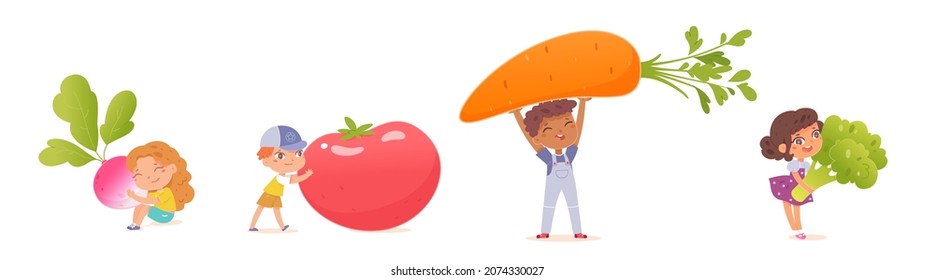 Cute children love to eat vegetables healthy food vector illustration. Cartoon small funny boy girl child characters standing with vegetables, holding tomato carrot broccoli radish isolated on white