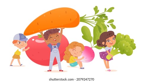 A los niños adoran comer verduras, la ilustración vectorial de alimentos saludables. Caricatura personajes de una niña pequeña y graciosa de pie con verduras, sosteniendo el rábano de brócoli de zanahoria de tomate aislado en blanco