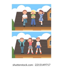 Cute children lying on top of roof set cartoon vector illustration