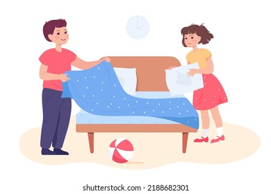 Cute Children Making Bed Together. Cartoon Kids Cleaning Bedroom At Home, Girl Holding Pillow, Boy With Blanket Flat Vector Illustration. Childhood, Housework Concept For Banner Or Landing Web Page