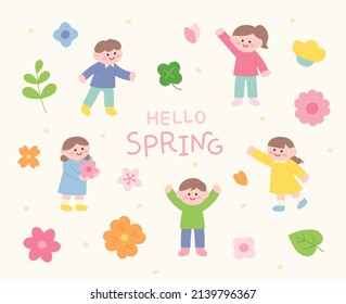 Cute children are making happy faces    spring flowers are blooming around them  flat design style vector illustration 