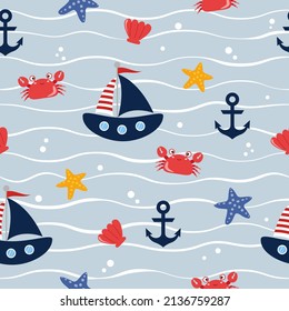 Cute Children Marine Life Seamless Pattern. Flat Vector Cartoon Design