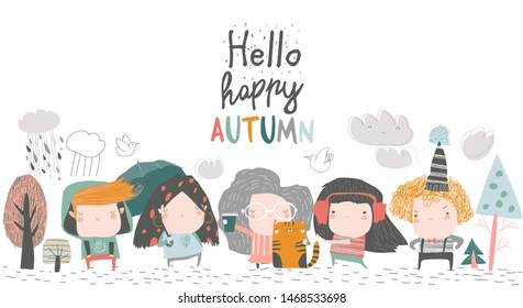 Cute children meeting autumn wearing warm clothes