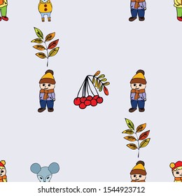 Cute children meeting autumn wearing warm clothes. Vector background