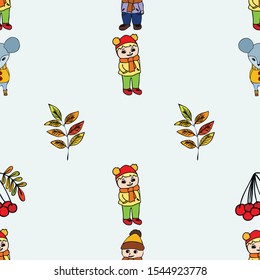 Cute children meeting autumn wearing warm clothes. Vector background
