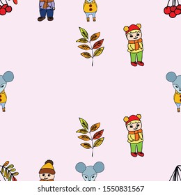 Cute children meeting autumn wearing warm clothes. Vector background