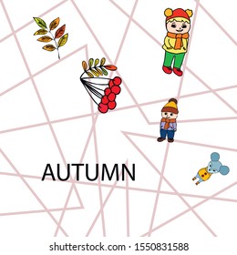 Cute children meeting autumn wearing warm clothes. Vector background