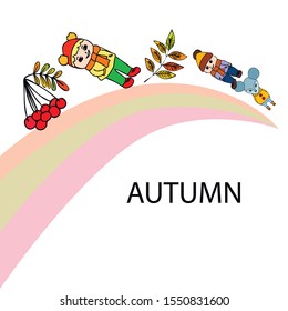 Cute children meeting autumn wearing warm clothes. Vector background